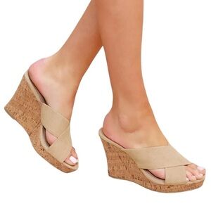 CHARLES by Charles David Latrice Nude Vegan Suede Cork Wedge Sandals Size 10